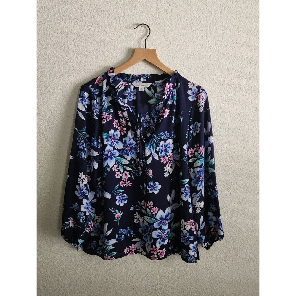 Counterparts Women's M Navy Floral Lightweight Career Blouse